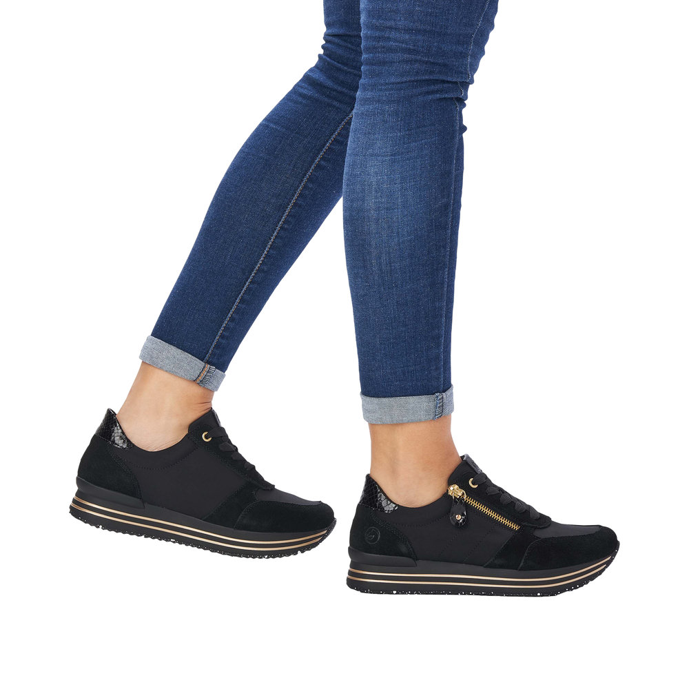 REMONTE Damen Sneaker schwarz gold D1316-01 Reißverschluss